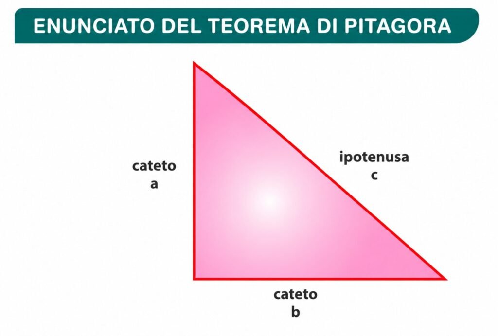 Teorema di Pitagora: diagramma di un triangolo rettangolo con cateti a e b e ipotenusa c che illustra l'enunciato e la formula del teorema.