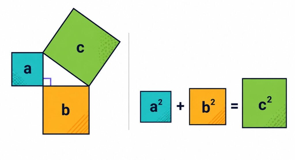Illustrazione del Teorema di Pitagora con un triangolo rettangolo, i quadrati sui cateti e sull'ipotenusa e la formula a² + b² = c².